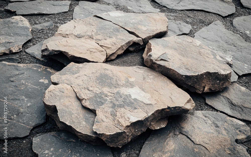 Poster close-up view of a dry riverbed, showcasing various sizes and shapes of light gray and dark gray sto