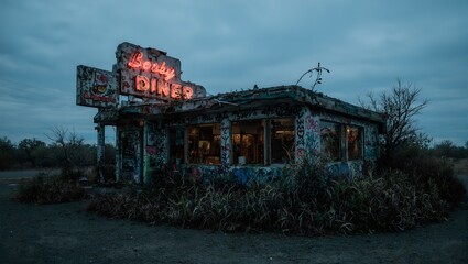 Discover the melancholy charm of an abandoned roadside diner its neon sign flickering dimly amidst graffiti and engulfed by resilient vegetation