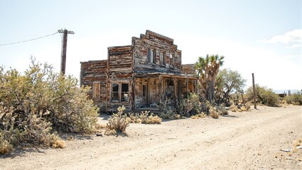 Obraz premium Explore a forgotten western town with an abandoned saloon engulfed by desert plants embodying natures takeover