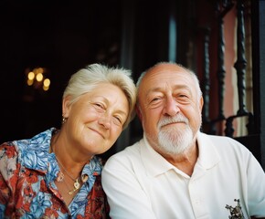 Closeup of senior couple smiling together in soft light, warm and affectionate expression