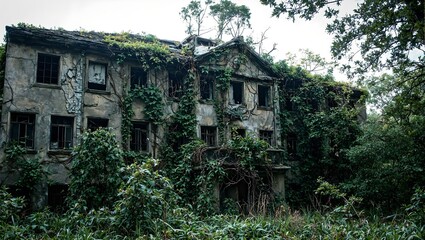 Explore the haunting beauty of nature reclaiming an abandoned hospital where vines and trees intertwine with shattered windows in a symphony of decay and growth
