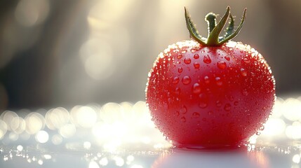 A ripe tomato glistens with droplets in the soft morning light