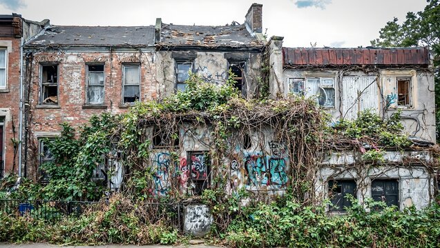 Explore urban decay with this image of a weathered row house overtaken by vines and graffiti blending elements of neglect and nature