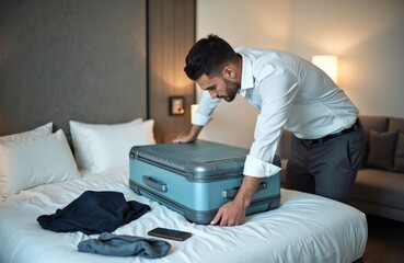 Fototapeta premium Businessman packing suitcase preparing for travel. Man in white shirt on bed in hotel room. Business trip or vacation concept. Travel, journey, luggage, baggage, trip.