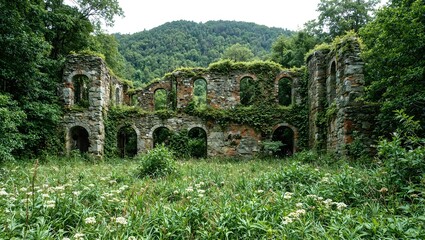 Obraz premium Explore the mystical decay of a remote forested monastery overtaken by lush vegetation and delicate wildflowers