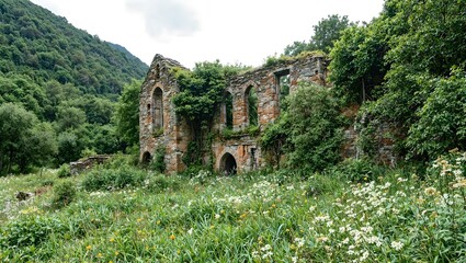 Fototapeta premium Explore the mystical decay of a remote forested monastery overtaken by lush vegetation and delicate wildflowers