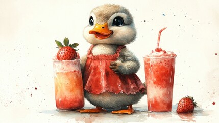 A cheerful duckling in a red outfit stands by refreshing strawberry drinks