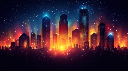 City skyline glows with bright lights, creating a vibrant night atmosphere