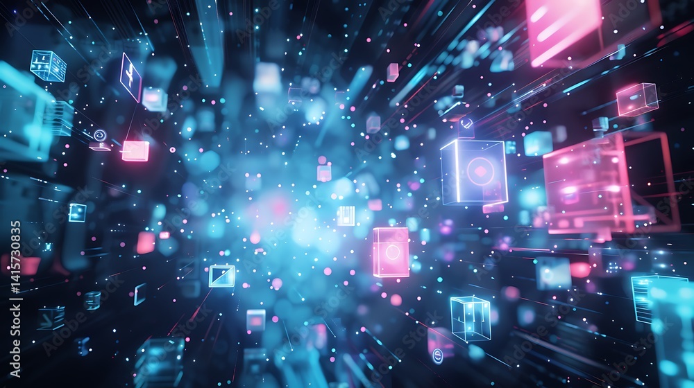 Poster abstract futuristic background with glowing blue and pink digital cubes, particles, and light trails