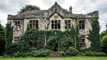 Abandoned ancient library overgrown with ivy broken windows and stormy sky   nature reclaiming a forgotten architectural gem