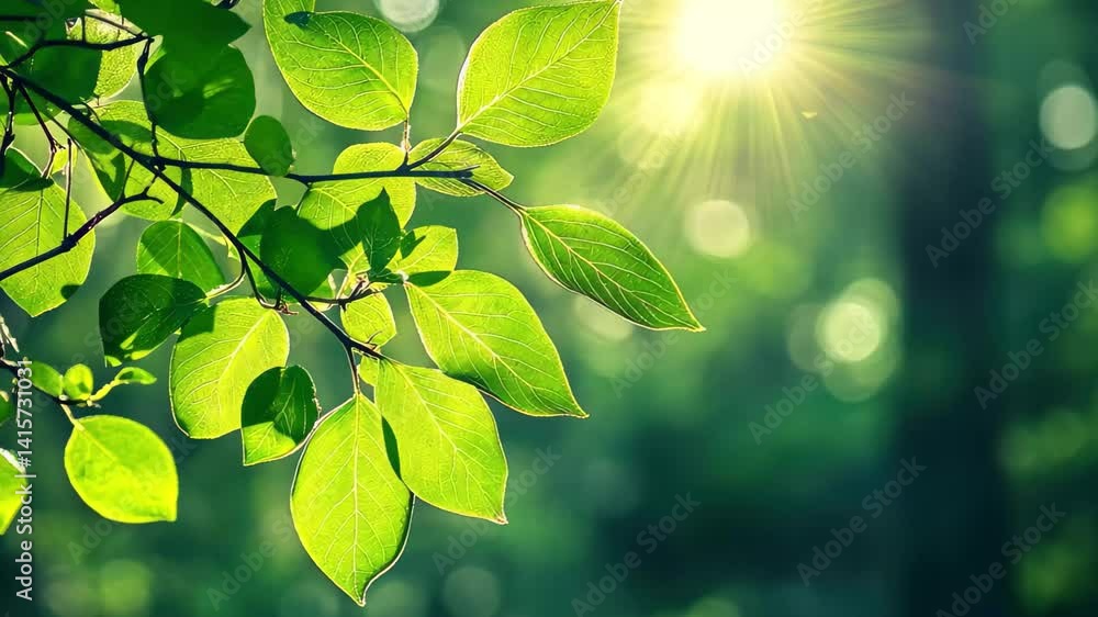 Poster sunlight filtering through lush green leaves creates a vibrant bokeh background in a serene natural 