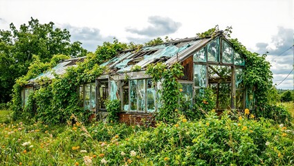 Explore the haunting beauty of a forsaken greenhouse consumed by vibrant vines and wildflowers under a diffused sunlight filled sky