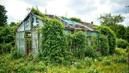 Explore the haunting beauty of a forsaken greenhouse consumed by vibrant vines and wildflowers under a diffused sunlight filled sky