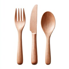 Wooden fork knife and spoon isolated on white background