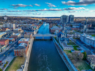 Aerial view of downtown Cambridge, Ontario a south western area outside on Toronoto Canada in the Kitchener-Waterloo Region