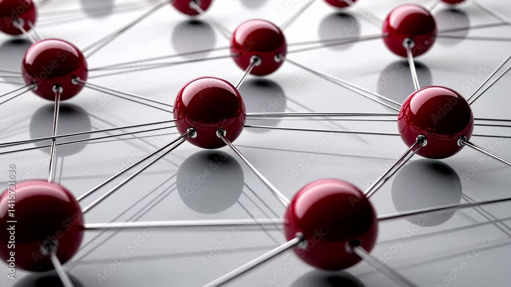Poster connections and interactions in a network represented by moving red spheres on a smooth surface, net