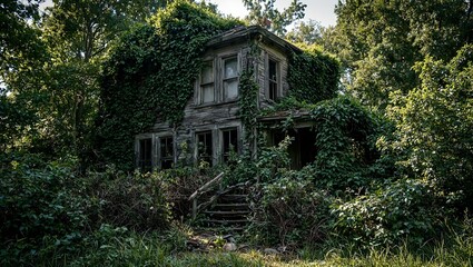 Discover the haunting allure of an abandoned colonial house engulfed by natures grasp Faded charm meets creeping ivy in this poignant scene