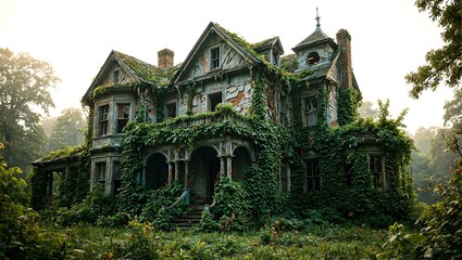 Obraz premium Explore the haunting beauty of a Victorian mansion consumed by nature with vines creeping over dilapidated walls under a mystical golden glow