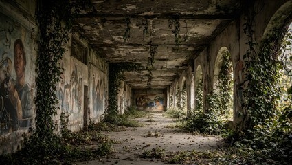 Obraz premium Explore the eerie allure of a decaying military barracks reclaimed by natures lush ivy echoing tales of history in a sepia hued landscape