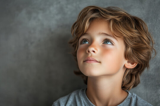 Young boy with blue eyes looking up in wonder at a tall redwood tree in a lush forest setting. - Powered by Adobe
