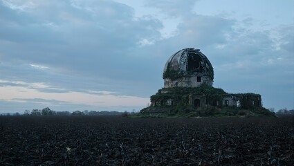 Obraz premium An abandoned observatory overtaken by ivy in a desolate field under a dramatic dusk sky Atmospheric and mysterious