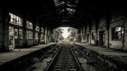 Explore the haunting beauty of an abandoned train station reclaimed by nature its rusted tracks entwined with overgrown vines in a monochromatic scene