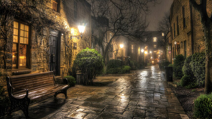 Fototapeta premium Rainy Night Alley With Stone Buildings And Bench
