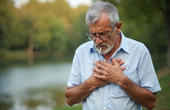 Old senior man smokes cigarette, experiences shortness of breath. Cigarette smoking causes lung cancer. Elderly smoker touching chest. Health problems. Smoking harm concept.