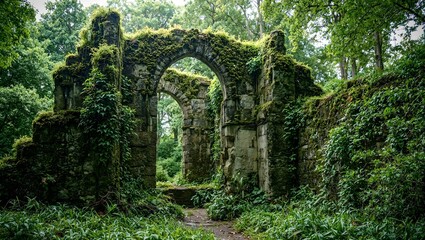 Fototapeta premium Explore the enchanting allure of a moss covered stone bridge in a forgotten park Ancient arches and mystical light create a captivating scene