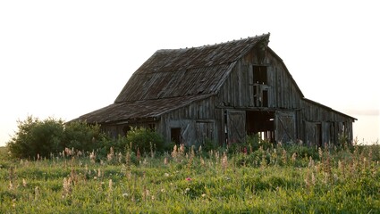 Obraz premium Rustic abandoned barn nestled in a wildflower meadow resilience in decay captured in soft evening light