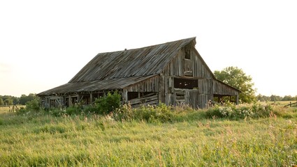 Fototapeta premium Rustic abandoned barn nestled in a wildflower meadow resilience in decay captured in soft evening light