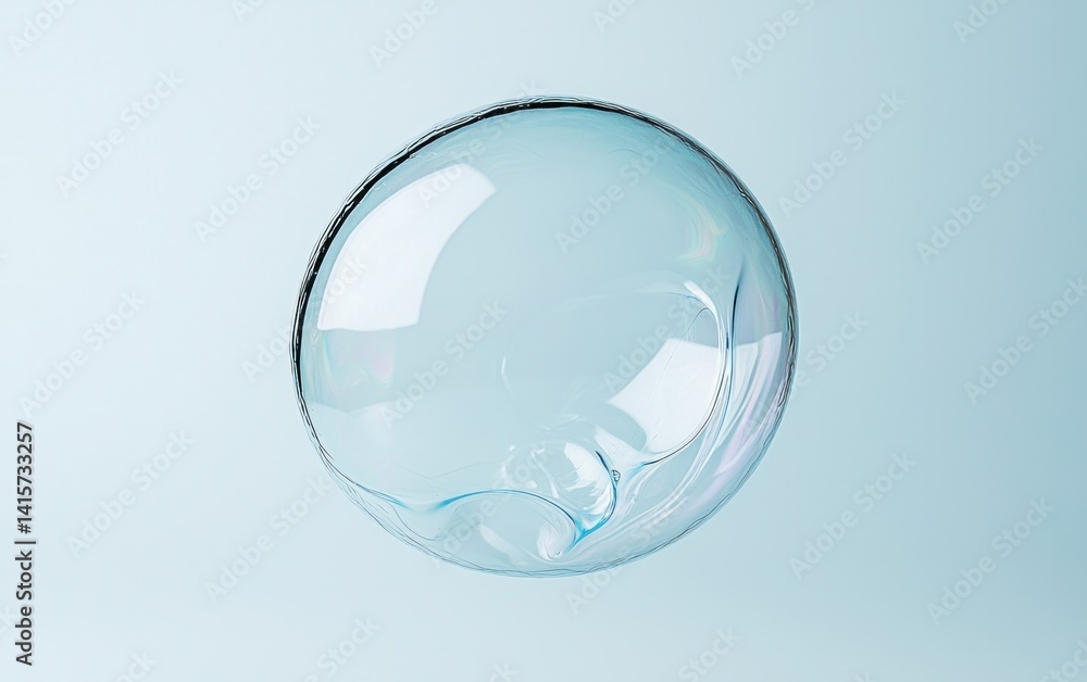 Poster close-up view of a translucent bubble against a pale blue background. the bubble is stretched, showi