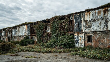Fototapeta premium Eerie abandoned warehouse in a coastal town with seaweed covered walls rusted metal and overgrown plants under ominous clouds
