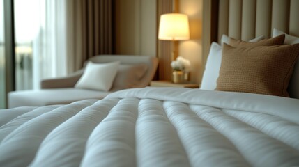 Obraz premium Soft bedding and warm lighting foster a serene space for restful mornings