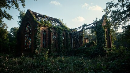 Obraz premium Explore the haunting beauty of a desolate church collapsed steeple shattered stained glass and ivy clad walls under the gentle dawn light