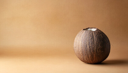 One coconut in a shell on a brown background