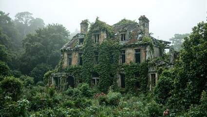 Naklejka premium Explore the eerie allure of decay with a deserted mansion consumed by nature where ivy cloaks weathered stone and broken windows reveal flourishing gardens