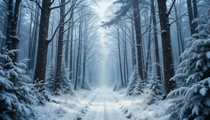 Naklejka premium Winter Wonderland Forest – Snowfall and Serene Atmosphere