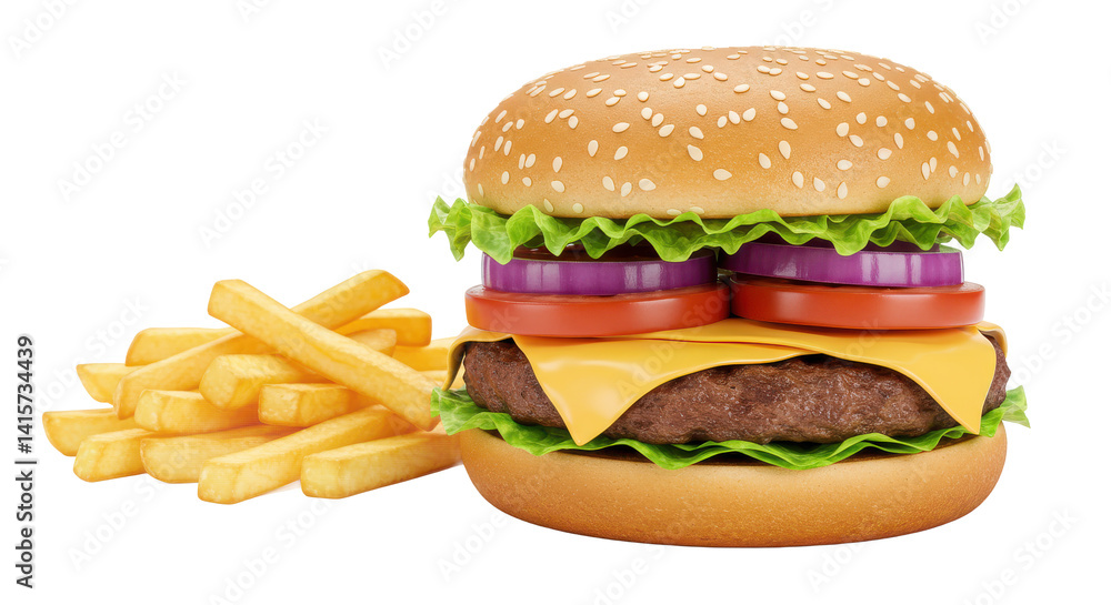 Poster a close up shot of a burger with fries on a black background in a studio setting today now