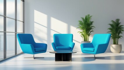 Bright modern interior with blue chairs, clean layout, and blank wall in daylight,
 showcasing a minimalist poster or banner mockup template concept. 

