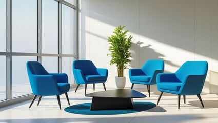 Bright modern interior with blue chairs, clean layout, and blank wall in daylight,
 showcasing a minimalist poster or banner mockup template concept. 

