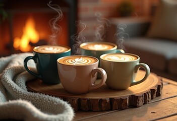 artfully arranged matching mugs displaying beverage variety cozy setup warm atmosphere, coffee, tea, drink, windowsill, tableware, ceramics, rustic