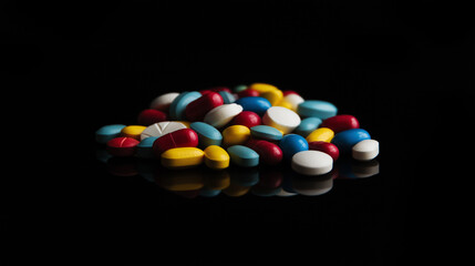 Colorful pills form a vibrant heap against a dark background Generative AI