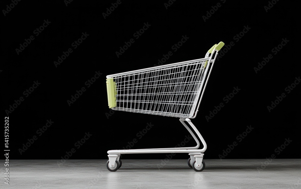 Poster a single shopping cart with a wireframe design is shown against a black background. the cart is most