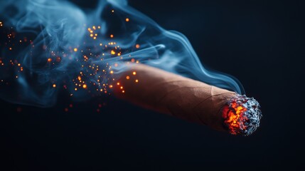 A glowing cigar releases swirling smoke, illuminating the darkness with embers of warmth