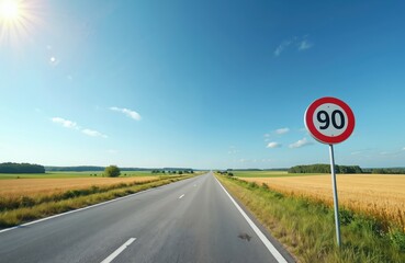 Empty rural road with speed limit sign 90 kmh. Asphalt highway through wheat field under blue summer sky. Road markings, white lines. Travel, vacation, journey, transport concept.