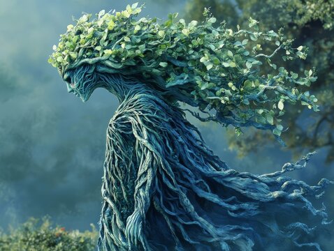 Mystical Forest Spirit: A Profile of the Tree Guardian, with Windswept Foliage and Textured Bark, Emerging from an Enchanted Realm Under a Dim and Mysterious Sky.