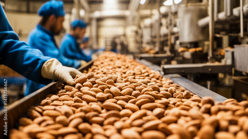 Aufkleber Quality almond processing in a bustling factory setting Generative AI