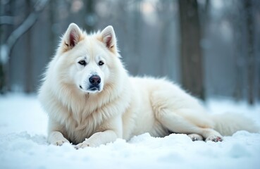 Obraz premium White fluffy Samoyed dog lies in fresh snow. Winter cold day outdoor scene. Beautiful purebred doggy looks sad and lonely. Pet animal in wintertime forest.