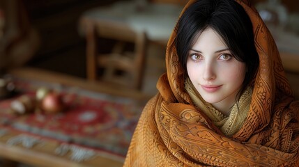 A woman gazes warmly from beneath a beautifully patterned shawl in a serene environment